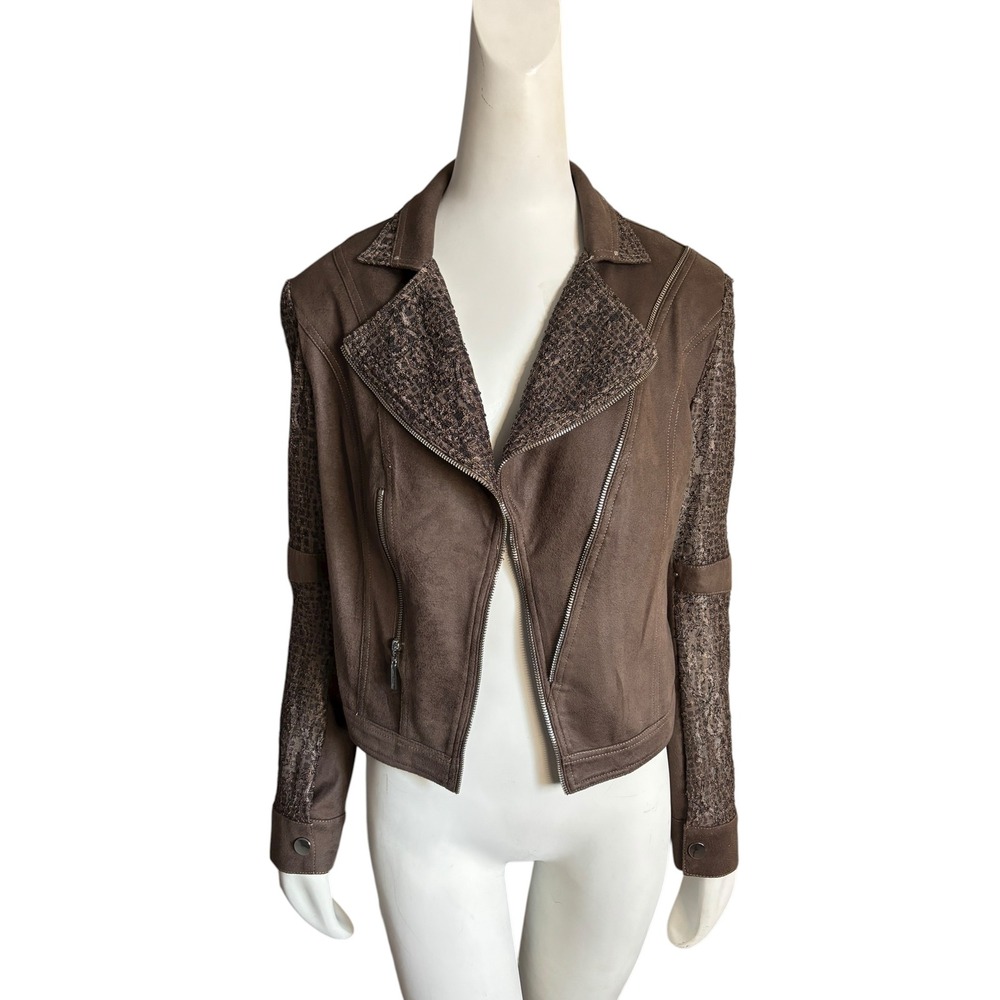 Joseph Ribkoff Brown Faux Suede & Zipper Moto Jacket Sequin Lace Panel Size M - Picture 2 of 9